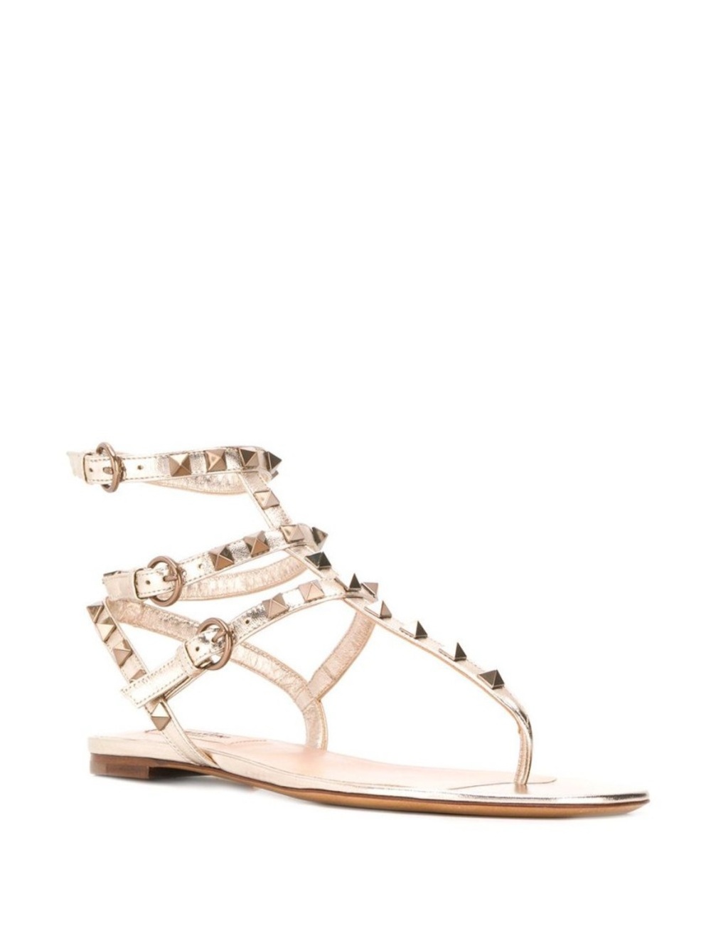 Valentino Garavani Metallic Gold Rockstud T-Strap Flat Sandals - Picture 4 of 5